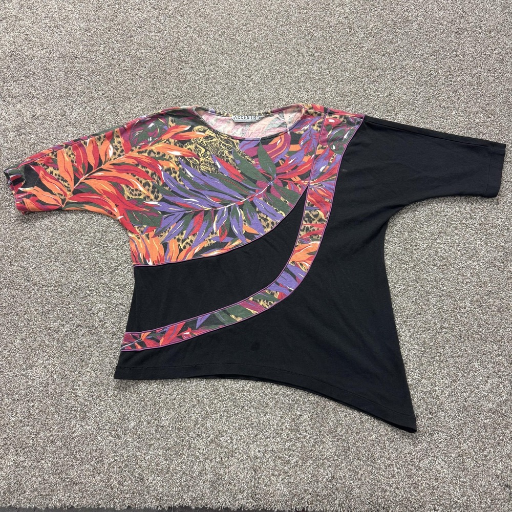 Vintage Accents By Joyce Shirt Womens L Black Tropical Floral Dolman Studded Top